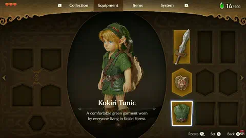 The Equipment tab of the pause menu: a 3D model of young Link in the center with the Kokiri Tunic selected, and hexagonal slots for sword, shield, and tunic on the right
