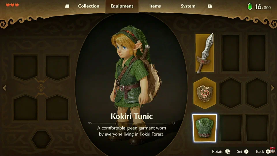 The Equipment tab of the pause menu: a 3D model of young Link in the center with the Kokiri Tunic selected, and hexagonal slots for sword, shield, and tunic on the right