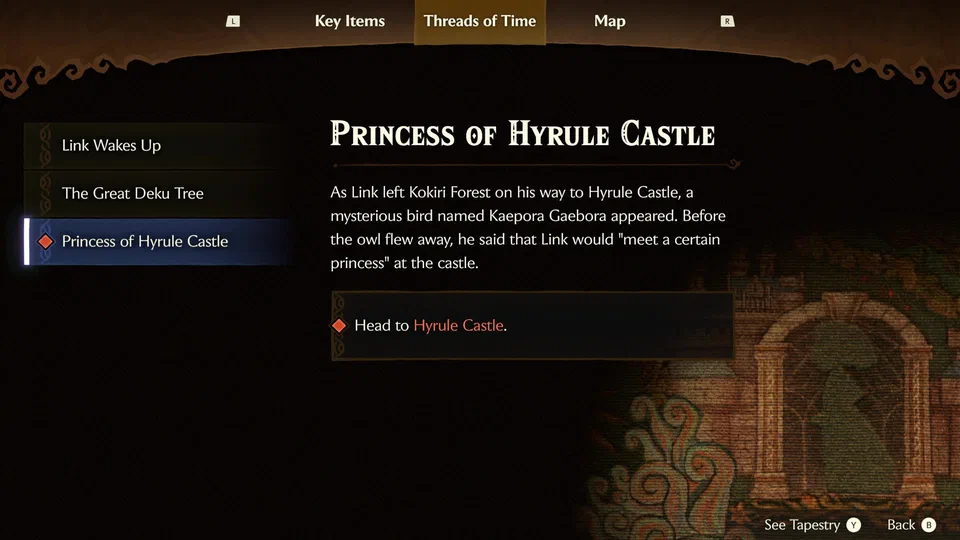The Threads of Time quest log: a list of chapters on the left (Link Wakes Up, The Great Deku Tree, Princess of Hyrule Castle) and on the right a story summary about Kaepora Gaebora with the objective Head to Hyrule Castle