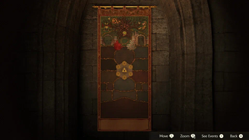 A tall tapestry hanging on a stone wall: the top section is embroidered in colour with the Great Deku Tree, Kokiri Forest, and castle gates, while the panels below a central Triforce medallion are still greyed out