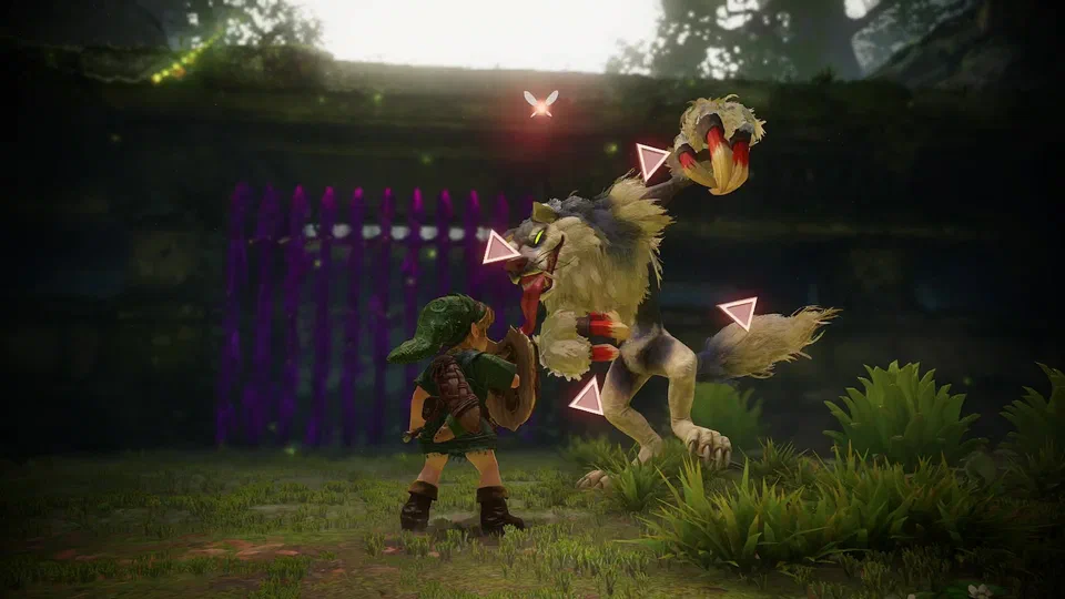 Young Link with Deku Shield locked onto a snarling grey Wolfos with yellow eyes and red-tipped claws, in front of a gate sealed by a fence of glowing purple spikes