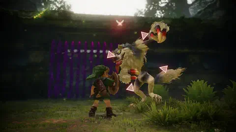 Young Link with Deku Shield locked onto a snarling grey Wolfos with yellow eyes and red-tipped claws, in front of a gate sealed by a fence of glowing purple spikes