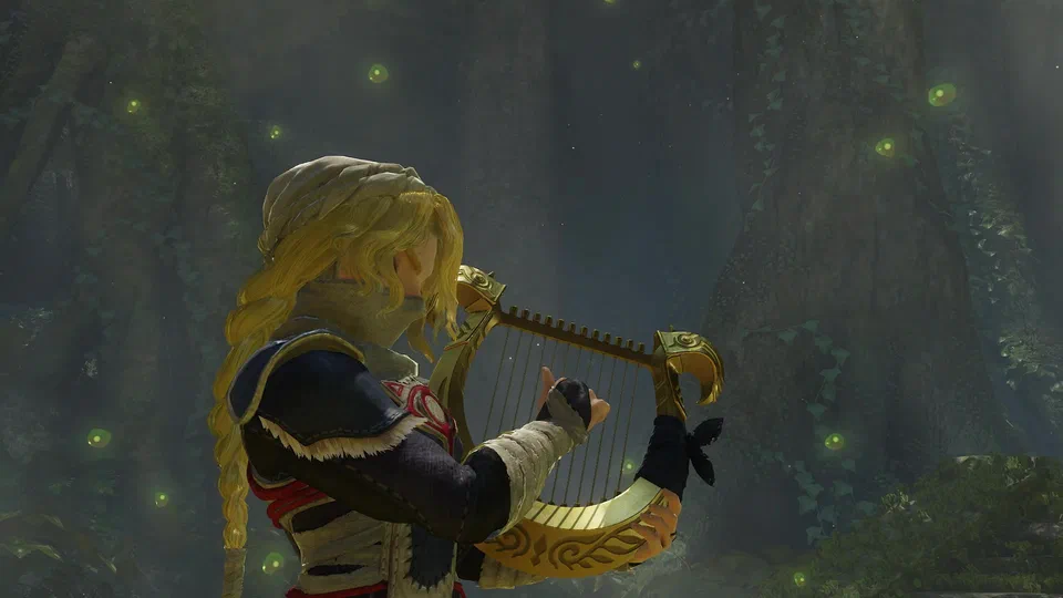 Sheik in profile playing a golden harp in a dark forest lit by drifting green motes: braided blonde hair under a head wrap, face covered, the red Sheikah eye on the chest, bandaged forearms