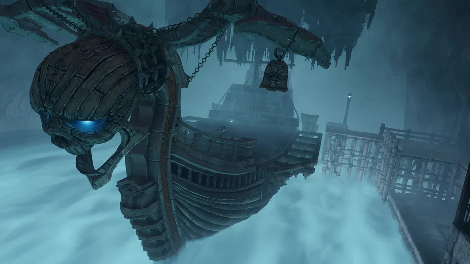 The Shadow Temple's ferry in thick mist: a huge boat with a giant skull figurehead with glowing blue eyes at the prow, chains hanging from above, a bell marked with the Sheikah eye hanging from a crane arm, a tiny Link on deck, and a wooden dock with a lamppost to the right
