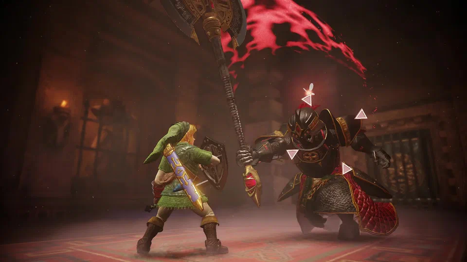 Adult Link with Master Sword and Hylian Shield facing a towering Iron Knuckle in black plate armor and a red skirt, its huge axe swinging overhead with a red energy trail, in a red-carpeted sandstone room with an iron gate