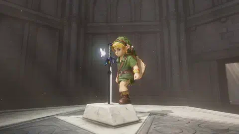 Young Link standing on the white marble Pedestal of Time in the grey stone Temple of Time, one hand on the hilt of the Master Sword planted in the pedestal, Navi glowing beside him, a determined look on his face