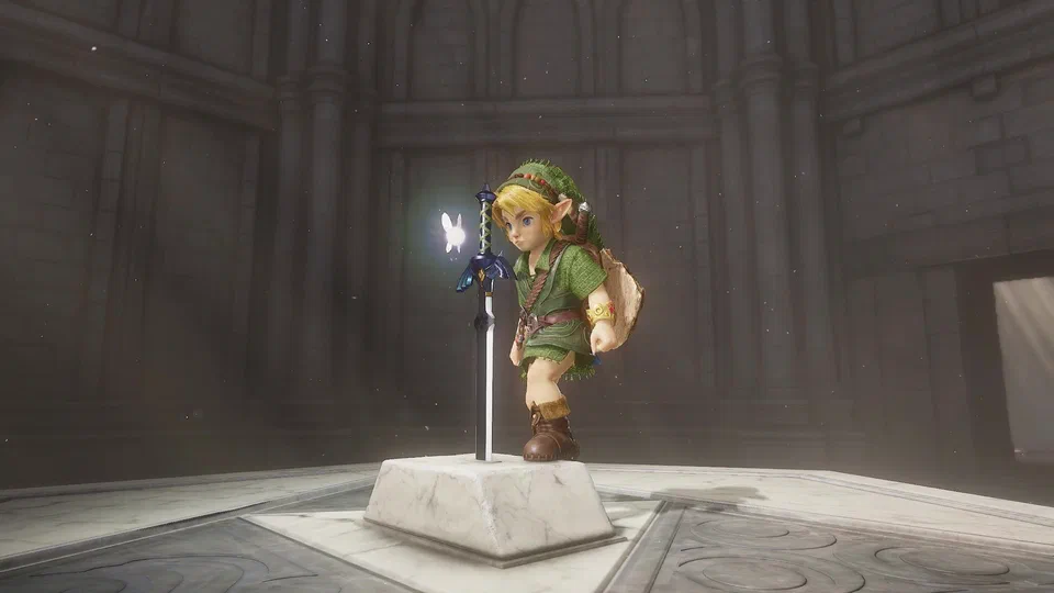 Young Link standing on the white marble Pedestal of Time in the grey stone Temple of Time, one hand on the hilt of the Master Sword planted in the pedestal, Navi glowing beside him, a determined look on his face