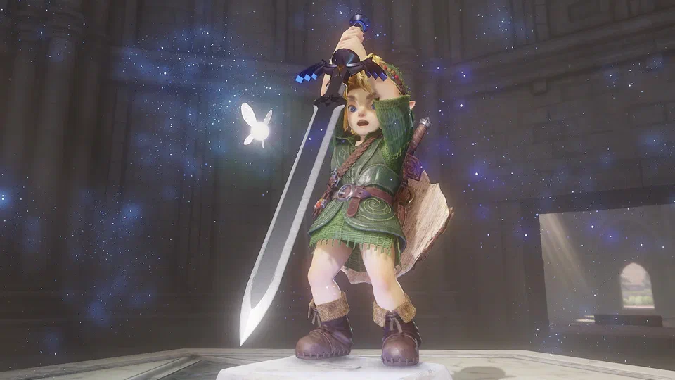 Young Link hoisting the Master Sword overhead in both hands on the Pedestal of Time as the whole chamber fills with a swirling blue starfield, Navi glowing beside him