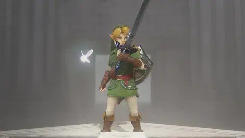 Adult Link standing on the white marble Pedestal of Time, holding the Master Sword aloft in both hands about to drive it down, Hylian Shield on his back, Navi beside him, grey stone walls in mist