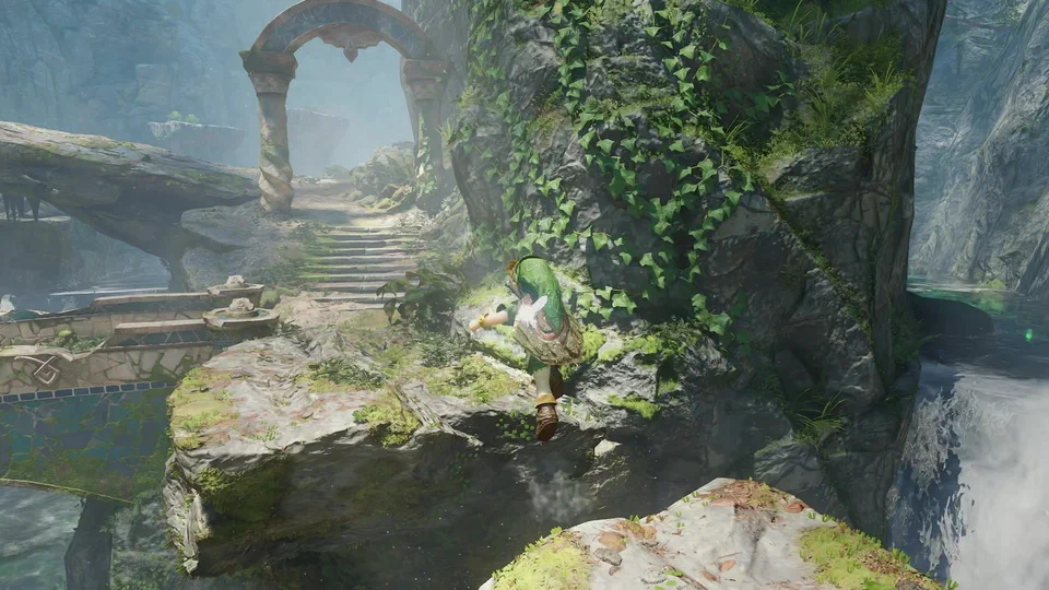Young Link hopping across mossy rocks in Zora's River toward stone steps and an ornate archway with twisted columns, blue-tiled Zora channels below, ivy-covered rock and waterfalls around