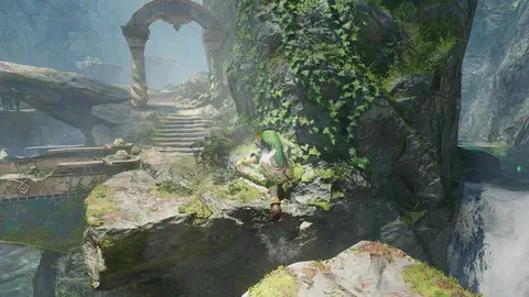 Young Link hopping across mossy rocks in Zora's River toward stone steps and an ornate archway with twisted columns, blue-tiled Zora channels below, ivy-covered rock and waterfalls around