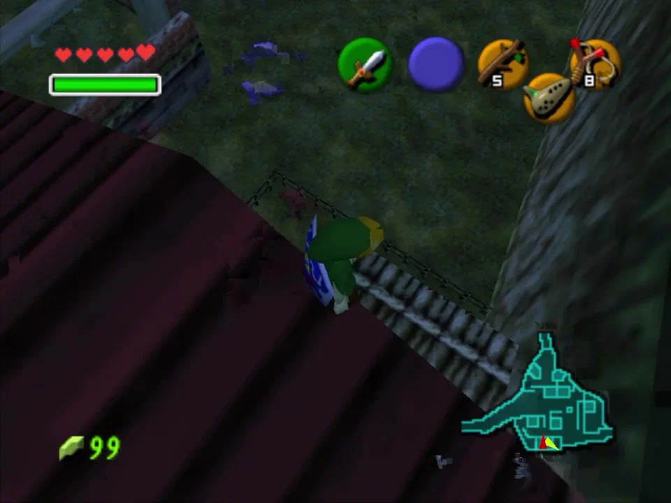 Fall down on this platform to access a heart piece through a crack in the wall