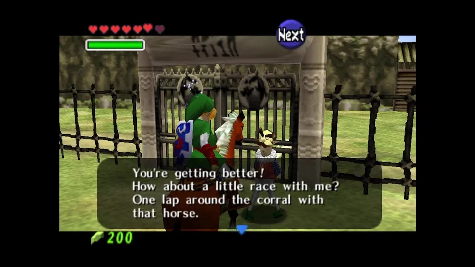 After paying him 10 more rupees and riding Epona again, he will challenge you to a race