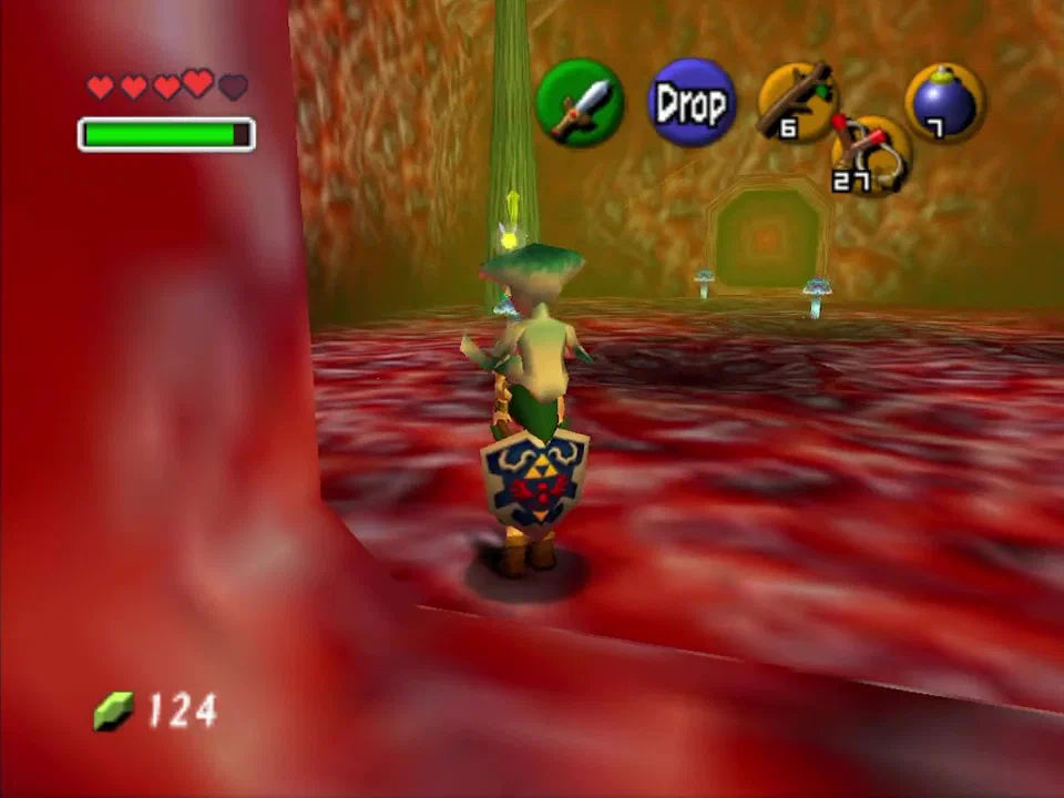 Back in the room with holes, carefully make your way to the far hallway and through the door