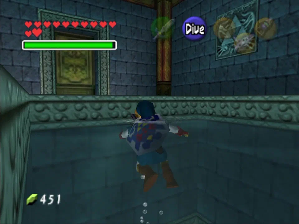 Float to the surface after talking with Princess Ruto, grab the map through this door, and then play Zelda's Lullaby to lower the water